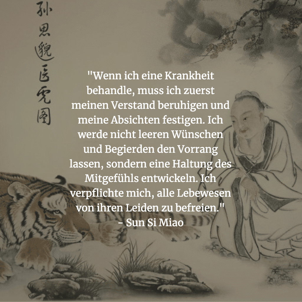 Klassische chinesische Malerei mit einem Zitat von Sun Si Miao über Mitgefühl in der Behandlung